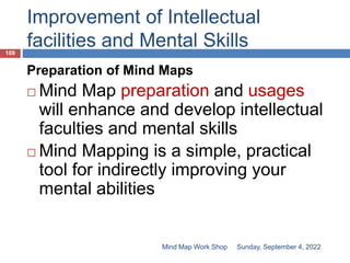 Improvement of Intellectual
facilities and Mental Skills
Preparation of Mind Maps
 Mind Map preparation and usages
will enhance and develop intellectual
faculties and mental skills
 Mind Mapping is a simple, practical
tool for indirectly improving your
mental abilities
Sunday, September 4, 2022
109
Mind Map Work Shop
 