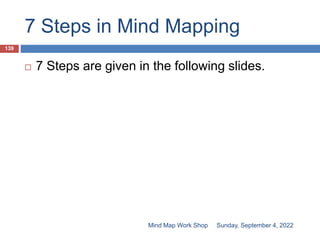7 Steps in Mind Mapping
Sunday, September 4, 2022
Mind Map Work Shop
139
 7 Steps are given in the following slides.
 