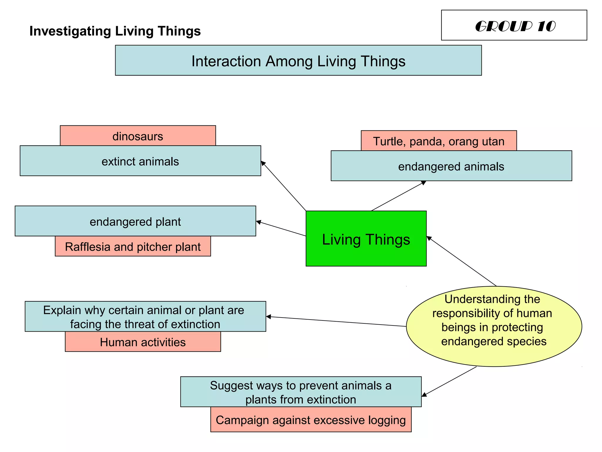 Investigating Living Things                                                         GROUP 10

                                Interaction Among Living Things



               dinosaurs                                         Turtle, panda, orang utan
             extinct animals                                            endangered animals



           endangered plant

      Rafflesia and pitcher plant
                                                        Living Things


                                                                               Understanding the
  Explain why certain animal or plant are                                    responsibility of human
       facing the threat of extinction                                         beings in protecting
             Human activities                                                  endangered species


                                    Suggest ways to prevent animals a
                                         plants from extinction
                                     Campaign against excessive logging
 