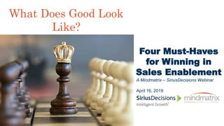 Peter Ostrow
@PeterOstrow
April 16, 2019
Four Must-Haves
for Winning in
Sales Enablement
A Mindmatrix – SiriusDecisions Webinar
What Does Good Look
Like?
 