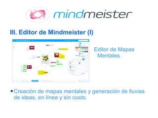 III. Editor de Mindmeister (I)
Creación de mapas mentales y generación de lluvias
de ideas, en línea y sin costo.
Editor de Mapas
Mentales
 