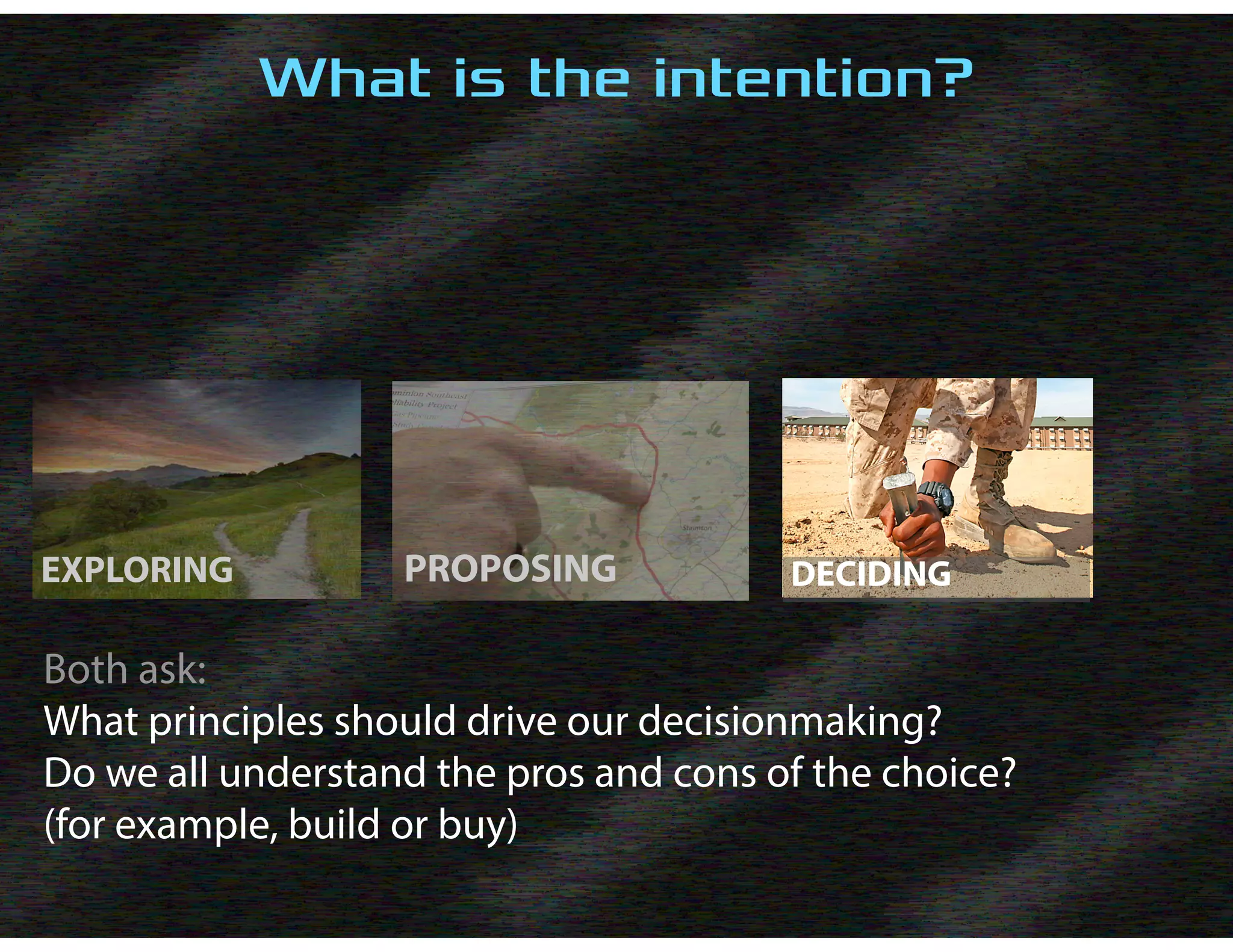 EXPLORING PROPOSING DECIDING
Both ask:
What principles should drive our decisionmaking?
Do we all understand the pros and cons of the choice?
(for example, build or buy)
What is the intention?
 