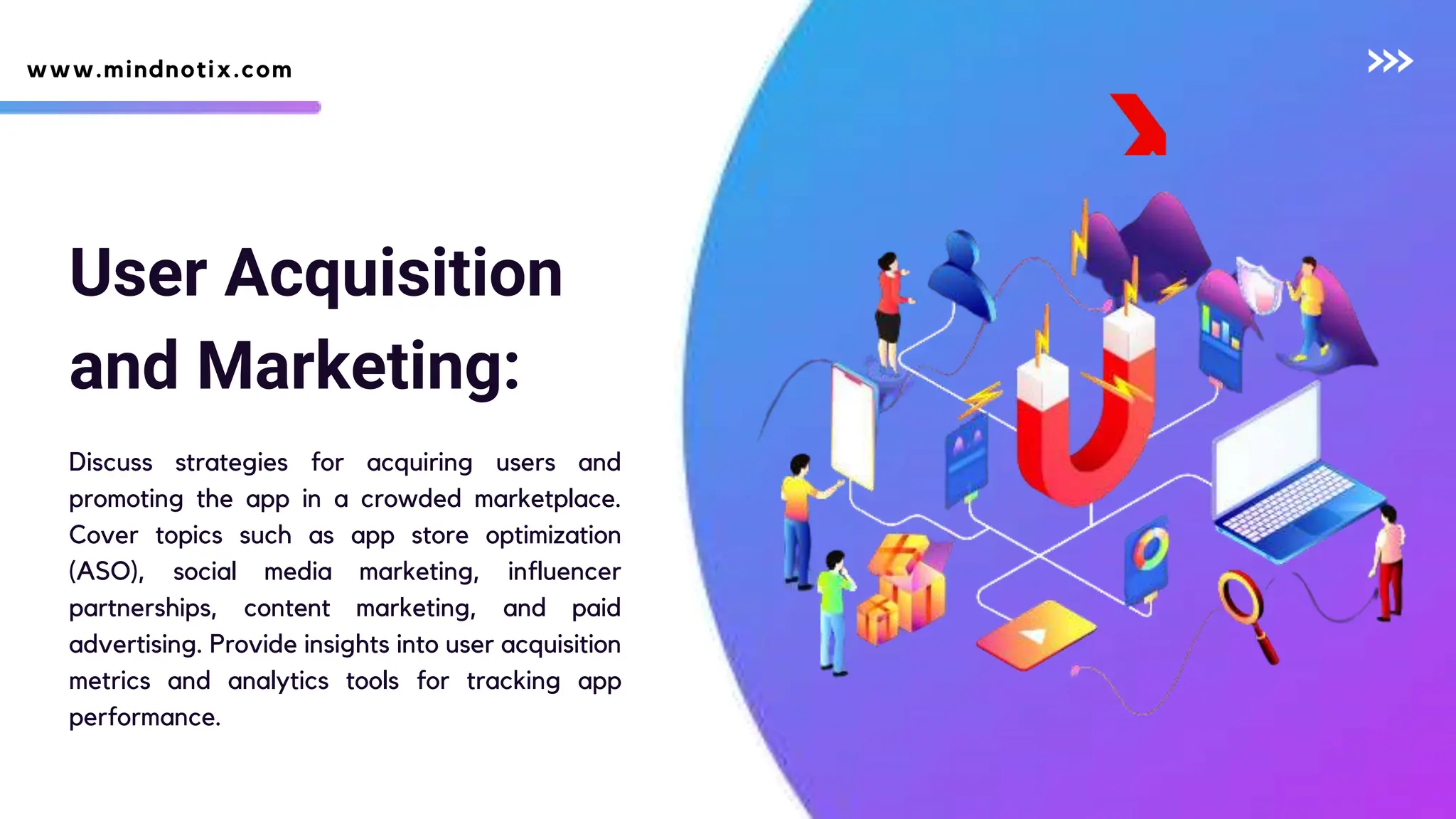 User Acquisition
and Marketing:
Discuss strategies for acquiring users and
promoting the app in a crowded marketplace.
Cover topics such as app store optimization
(ASO), social media marketing, influencer
partnerships, content marketing, and paid
advertising. Provide insights into user acquisition
metrics and analytics tools for tracking app
performance.
www.mindnotix.com