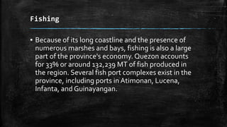 Fishing
▪ Because of its long coastline and the presence of
numerous marshes and bays, fishing is also a large
part of the province's economy. Quezon accounts
for 33% or around 132,239 MT of fish produced in
the region. Several fish port complexes exist in the
province, including ports in Atimonan, Lucena,
Infanta, and Guinayangan.
 