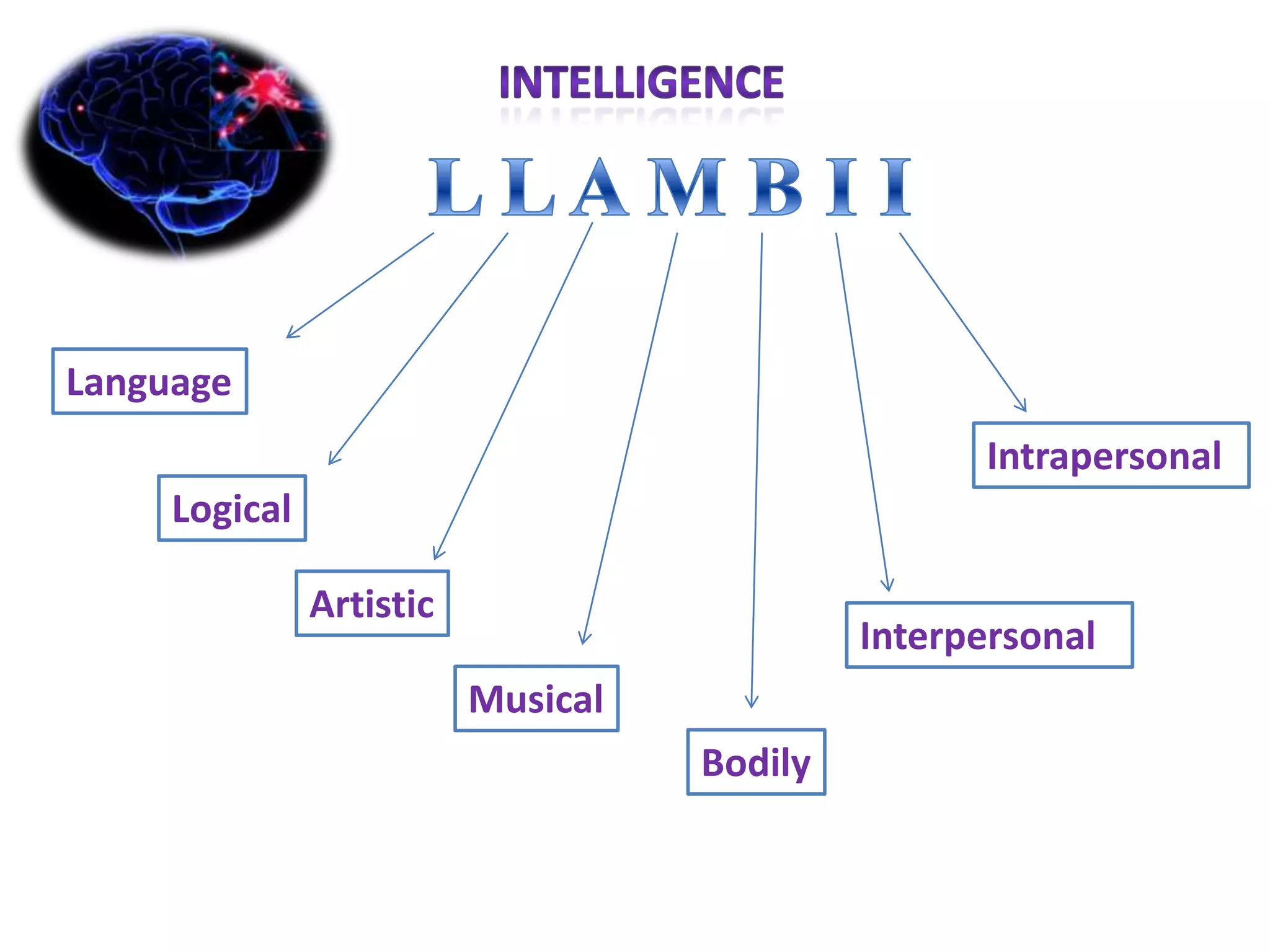 Language
                                                   Intrapersonal
     Logical

               Artistic
                                             Interpersonal
                          Musical
                                    Bodily
 