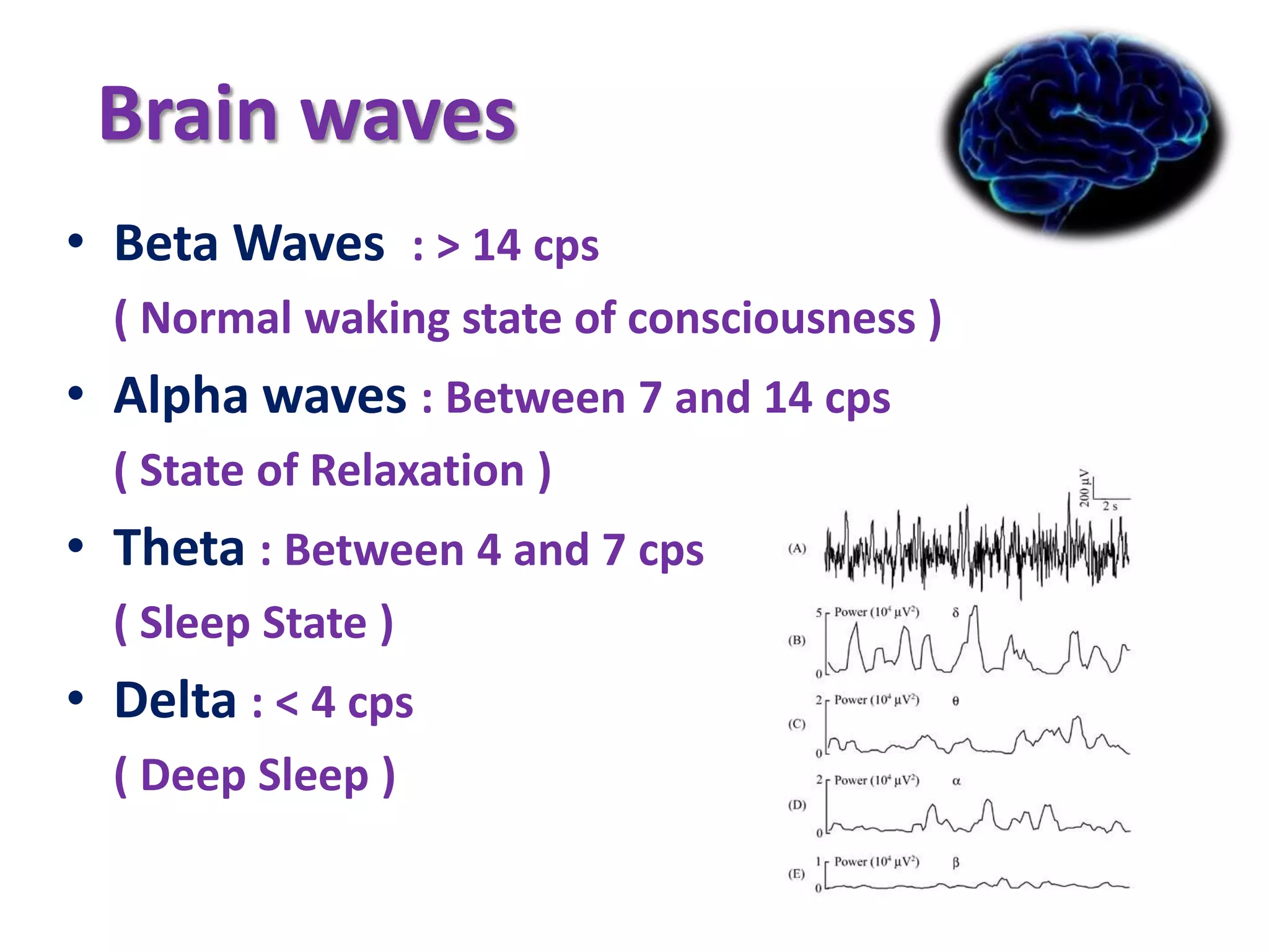 Brain waves
• Beta Waves : > 14 cps
  ( Normal waking state of consciousness )
• Alpha waves : Between 7 and 14 cps
  ( State of Relaxation )
• Theta : Between 4 and 7 cps
  ( Sleep State )
• Delta : < 4 cps
  ( Deep Sleep )
 