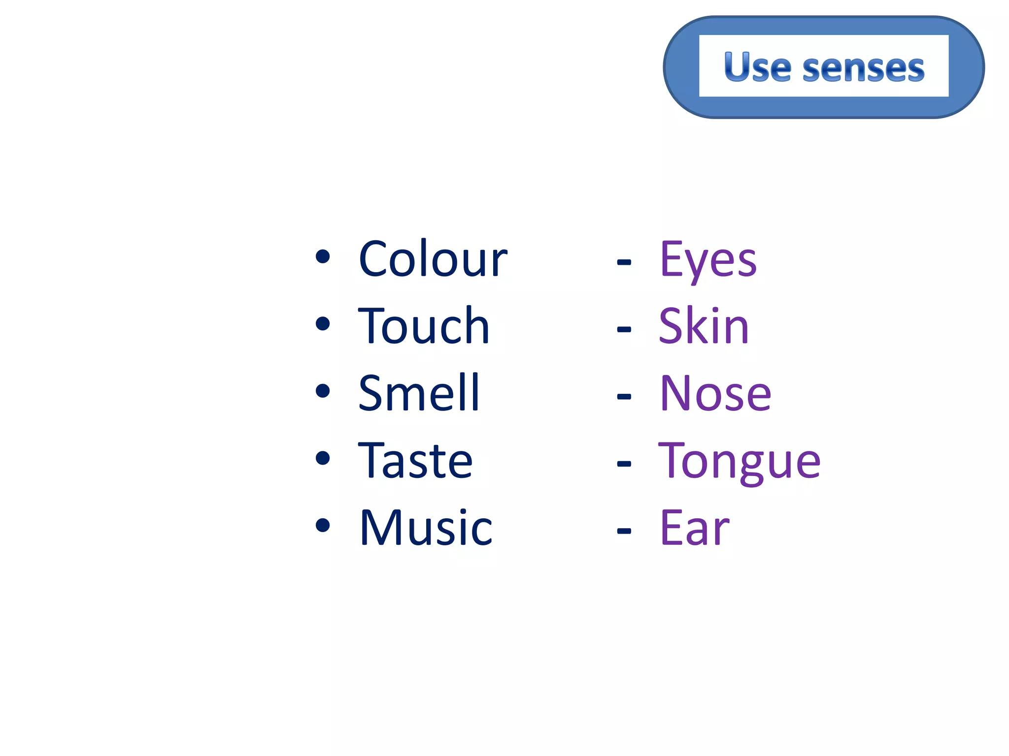 •   Colour   -   Eyes
•   Touch    -   Skin
•   Smell    -   Nose
•   Taste    -   Tongue
•   Music    -   Ear
 