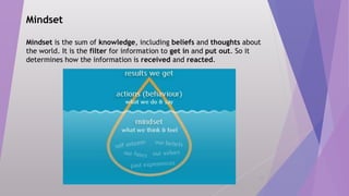 Mindset
Mindset is the sum of knowledge, including beliefs and thoughts about
the world. It is the filter for information to get in and put out. So it
determines how the information is received and reacted.
10
 