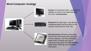 7
Mind-Computer Analogy
Keyboard for data input. Just like the
conscious mind communicates to the
outside world and the inner self.
Monitor for showing results. Just like the
results are thrown up instantaneously
into your consciousness.
Microprocessor performs commands,
instructions and control the operation
of the computer. Just like conscious
mind where thinking and logical
reasoning took place and subconscious
mind where filtering and evaluation
took place.
 
