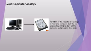9
Mind-Computer Analogy
Hard Disk is the place for the storage
of files for a computer. Just like the
unconscious mind to store all the
memories and programs since birth.
 