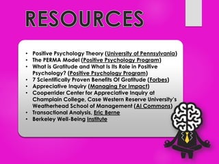 • Positive Psychology Theory (University of Pennsylvania)
• The PERMA Model (Positive Psychology Program)
• What is Gratitude and What Is Its Role in Positive
Psychology? (Positive Psychology Program)
• 7 Scientifically Proven Benefits Of Gratitude (Forbes)
• Appreciative Inquiry (Managing For Impact)
• Cooperrider Center for Appreciative Inquiry at
Champlain College, Case Western Reserve University’s
Weatherhead School of Management (AI Commons)
• Transactional Analysis, Eric Berne
• Berkeley Well-Being Institute
 