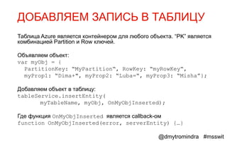 ДОБАВЛЯЕМ ЗАПИСЬ В ТАБЛИЦУ
Таблица Azure является контейнером для любого объекта. “PK” является
комбинацией Partition и Row ключей.

Объявляем объект:
var myObj = {
  PartitionKey: “MyPartition“, RowKey: “myRowKey“,
  myProp1: “Dima+", myProp2: “Luba=“, myProp3: “Misha”};

Добавляем объект в таблицу:
tableService.insertEntity(
       myTableName, myObj, OnMyObjInserted);

Где функция OnMyObjInserted является callback-ом
function OnMyObjInserted(error, serverEntity) {…}

                                                 @dmytromindra #msswit
 