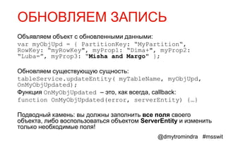 ОБНОВЛЯЕМ ЗАПИСЬ
Объявляем объект с обновленными данными:
var myObjUpd = { PartitionKey: “MyPartition“,
RowKey: “myRowKey", myProp1: “Dima+", myProp2:
“Luba=”, myProp3: “Misha and Margo" };

Обновляем существующую сущность:
tableService.updateEntity( myTableName, myObjUpd,
OnMyObjUpdated);
Функция OnMyObjUpdated – это, как всегда, callback:
function OnMyObjUpdated(error, serverEntity) {…}

Подводный камень: вы должны заполнить все поля своего
объекта, либо воспользоваться объектом ServerEntity и изменить
только необходимые поля!
                                            @dmytromindra #msswit
 