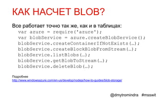 КАК НАСЧЕТ BLOB?
Все работает точно так же, как и в таблицах:
    var azure = require('azure');
    var blobService = azure.createBlobService();
    blobService.createContainerIfNotExists(…);
    blobService.createBlockBlobFromStream(…);
    blobService.listBlobs(…);
    blobService.getBlobToStream(…);
    blobService.deleteBlob(…);

Подробнее
http://www.windowsazure.com/en-us/develop/nodejs/how-to-guides/blob-storage/



                                                                   @dmytromindra #msswit
 