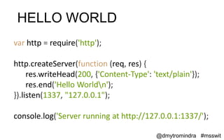 HELLO WORLD
var http = require('http');

http.createServer(function (req, res) {
     res.writeHead(200, {'Content-Type': 'text/plain'});
     res.end('Hello Worldn');
}).listen(1337, "127.0.0.1");

console.log('Server running at http://127.0.0.1:1337/');

                                          @dmytromindra #msswit
 