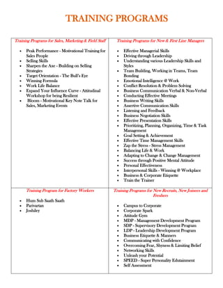 TRAINING PROGRAMS

Training Programs for Sales, Marketing & Field Staff    Training Programs for New & First Line Managers

      Peak Performance - Motivational Training for          Effective Managerial Skills
      Sales People                                          Driving through Leadership
      Selling Skills                                        Understanding various Leadership Skills and
      Sharpen the Axe - Building on Selling                 Styles
      Strategies                                            Team Building, Working in Teams, Team
      Target Orientation - The Bull’s Eye                   Bonding
      Winning Formula                                       Emotional Intelligence @ Work
      Work Life Balance                                     Conflict Resolution & Problem Solving
      Expand Your Influence Curve - Attitudinal             Business Communication Verbal & Non-Verbal
      Workshop for being Resilient                          Conducting Effective Meetings
      Bloom - Motivational Key Note Talk for                Business Writing Skills
      Sales, Marketing Events                               Assertive Communication Skills
                                                            Listening and Feedback
                                                            Business Negotiation Skills
                                                            Effective Presentation Skills
                                                            Prioritizing, Planning, Organizing, Time & Task
                                                            Management
                                                            Goal Setting & Achievement
                                                            Effective Time Management Skills
                                                            Zap the Stress - Stress Management
                                                            Balancing Life & Work
                                                            Adapting to Change & Change Management
                                                            Success through Positive Mental Attitude
                                                            Personal Effectiveness
                                                            Interpersonal Skills - Winning @ Workplace
                                                            Business & Corporate Etiquette
                                                            Train the Trainer

      Training Program for Factory Workers             Training Programs for New Recruits, New Joinees and
                                                                             Freshers
      Hum Sub Saath Saath
      Parivartan                                            Campus to Corporate
      Joshiley                                              Corporate Spark
                                                            Attitude Gym
                                                            MDP - Management Development Program
                                                            SDP - Supervisory Development Program
                                                            LDP - Leadership Development Program
                                                            Business Etiquette & Manners
                                                            Communicating with Confidence
                                                            Overcoming Fear, Shyness & Limiting Belief
                                                            Networking Skills
                                                            Unleash your Potential
                                                            SPEED - Super Personality Edutainment
                                                            Self Assessment
 