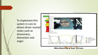 To implement this
system in cars to
detect driver mental
states such as
drowsiness,
distraction and
anger.
 