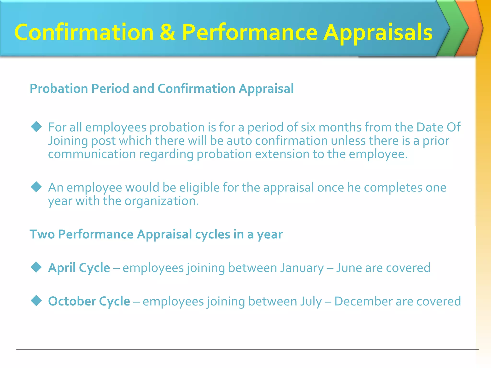 Confirmation & Performance   Appraisals   Probation Period and Confirmation Appraisal For all employees probation is for a period of six months from the Date Of Joining post which there will be auto confirmation unless there is a prior communication regarding probation extension to the employee. An employee would be eligible for the appraisal once he completes one year with the organization. Two Performance Appraisal cycles in a year April Cycle  – employees joining between January – June are covered October Cycle  – employees joining between July – December are covered 