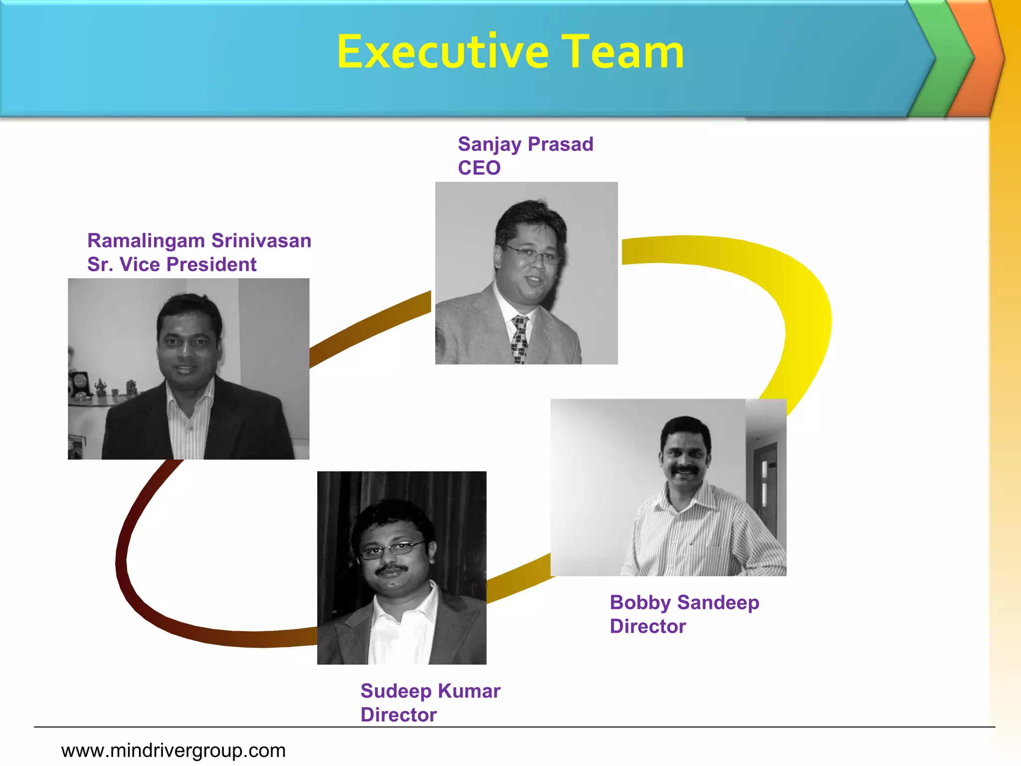 Executive Team Text Text www.mindrivergroup.com Ramalingam Srinivasan Sr. Vice President Sanjay Prasad CEO Sudeep Kumar Director Bobby Sandeep Director 