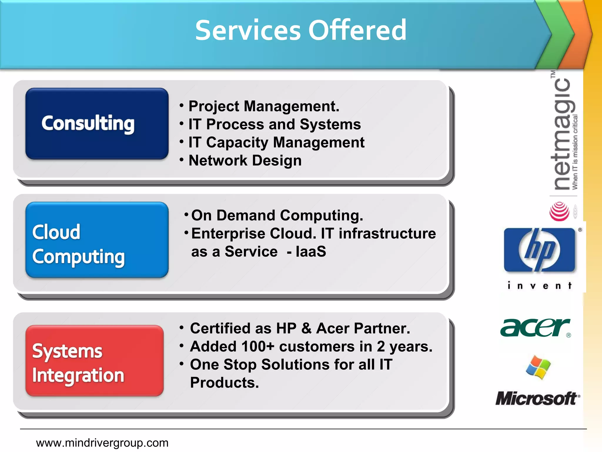 Services Offered www.mindrivergroup.com On Demand Computing.  Enterprise Cloud. IT infrastructure as a Service  - IaaS Certified as HP & Acer Partner. Added 100+ customers in 2 years. One Stop Solutions for all IT Products. Project Management.  IT Process and Systems IT Capacity Management Network Design 