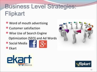 Business Level Strategies: 
Flipkart 
Word of mouth advertising 
Customer satisfaction 
Wise Use of Search Engine 
Optimization (SEO) and Ad Words 
Social Media 
Ekart 
13 
 