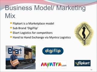 Business Model/ Marketing 
Mix 
Flipkart is a Marketplace model 
Sub Brand ‘DigiFlip’ 
Ekart Logistics for competitors 
Hand to Hand Exchange via Myntra Logistics 
19 
 
