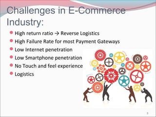Challenges in E-Commerce 
Industry: 
High return ratio → Reverse Logistics 
High Failure Rate for most Payment Gateways 
Low Internet penetration 
Low Smartphone penetration 
No Touch and feel experience. 
Logistics 
3 
 