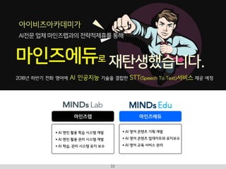 I B Z A C A D E M Y10
마인즈랩
 AI 영어 콘텐츠 기획 개발
 AI 영어 콘텐츠 업데이트와 유지보수
 AI 영어 교육 서비스 관리
마인즈에듀
 AI 엔진 활용 학습 시스템 개발
 AI 엔진 활용 관리 시스템 개발
 AI 학습, 관리 시스템 유지 보수
인공지능(AI) 기반 영어 교육 서비스 시작
마인즈에듀는 인공지능 솔루션과 서비스를 제공하는 ETRI 연구소기업인 마인즈랩과의 전략적 제휴를 통해 인공지능 기반 영어 교육 서
비스를 시작했습니다. 마인즈랩은 PwC컨설팅과 한국전자통신연구원(ETRI) 그리고 네이버가 투자한 조인트벤쳐이며, 포브스아시아에
서 2017년 주목해야할 한국 10대 스타트업 기업으로도 뽑힌 바 있습니다.
1. 일반 현황
I. 회사소개
 