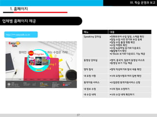 I B Z A C A D E M Y37
III. 학습 운영과 보고
1. 홈페이지
메뉴 내용
Speaking 강의실 전화외국어 수업 일정, 스케줄 확인
일일 수업 사전 연기와 보강 등록
일일 수업 출결 현황 확인
수업 커멘트 확인
수업 녹음파일 듣기와 다운로드
월말평가서 확인
e-Book 보기와 다운로드 기능 제공
동영상 강의실 영어, 중국어, 일본어 동영상 리스트
동영상 보기 기능 제공
영작 첨삭 영작 작성하기와 첨삭 내용 확인
내 요청 사항 나의 요청사항과 처리 답변 확인
원격지원 서비스 수업관련 원격지원서비스 신청
내 정보 수정 나의 정보 수정하기
내 수강 내역 나의 수강 내역 확인하기
채팅영어란 ?업체별 홈페이지 제공
http://***.easytalk.co.kr
 