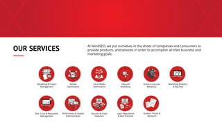 OUR SERVICES
Mobile
Optimisation
Social Media
Optimisation
Inbound
Marketing
Online Consumer
Behaviour
Marketing Analytics
& Big Data
Risk, Crisis & Reputation
Management
Performance & System
Administration
Security & Fraud
Detection
Laws, Regulations
& Best Practices
Studies, Trends &
Research
Marketing & Project
Management
At MindSEO, we put ourselves in the shoes of companies and consumers to
provide products, and services in order to accomplish all their business and
marketing goals.
 