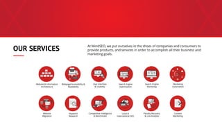 OUR SERVICES
At MindSEO, we put ourselves in the shoes of companies and consumers to
provide products, and services in order to accomplish all their business and
marketing goals.
Website & Information
Architecture
Webpage Accessibility &
Readability
User Interface
& Usability
Search Engine
Optimisation
Search Engine
Marketing
Marketing
Automation
Website
Migration
Keyword
Research
Local &
International SEO
Penalty Recovery
& Link Analysis
Content
Marketing
Competitive Intelligence
& Benchmark
 