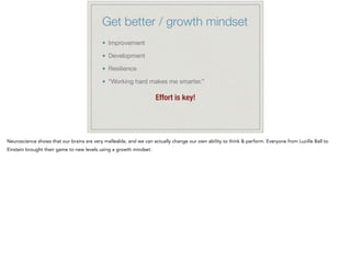 Get better / growth mindset
Improvement

Development

Resilience

“Working hard makes me smarter.”

!
Effort is key!
Neuroscience shows that our brains are very malleable, and we can actually change our own ability to think & perform. Everyone from Lucille Ball to
Einstein brought their game to new levels using a growth mindset.
 