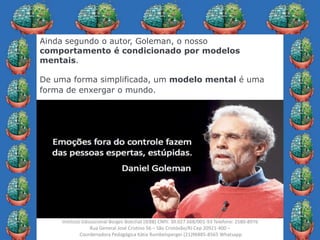 18
Instituto Educacional Borges Boechat (IEBB) CNPJ: 30.027.668/001-93 Telefone: 2580-8976
Rua General José Cristino 56 – São Cristóvão/RJ Cep 20921-400 –
Coordenadora Pedagógica Kátia Rumbelsperger (21)96885-8565 Whatsapp
Ainda segundo o autor, Goleman, o nosso
comportamento é condicionado por modelos
mentais.
De uma forma simplificada, um modelo mental é uma
forma de enxergar o mundo.
 