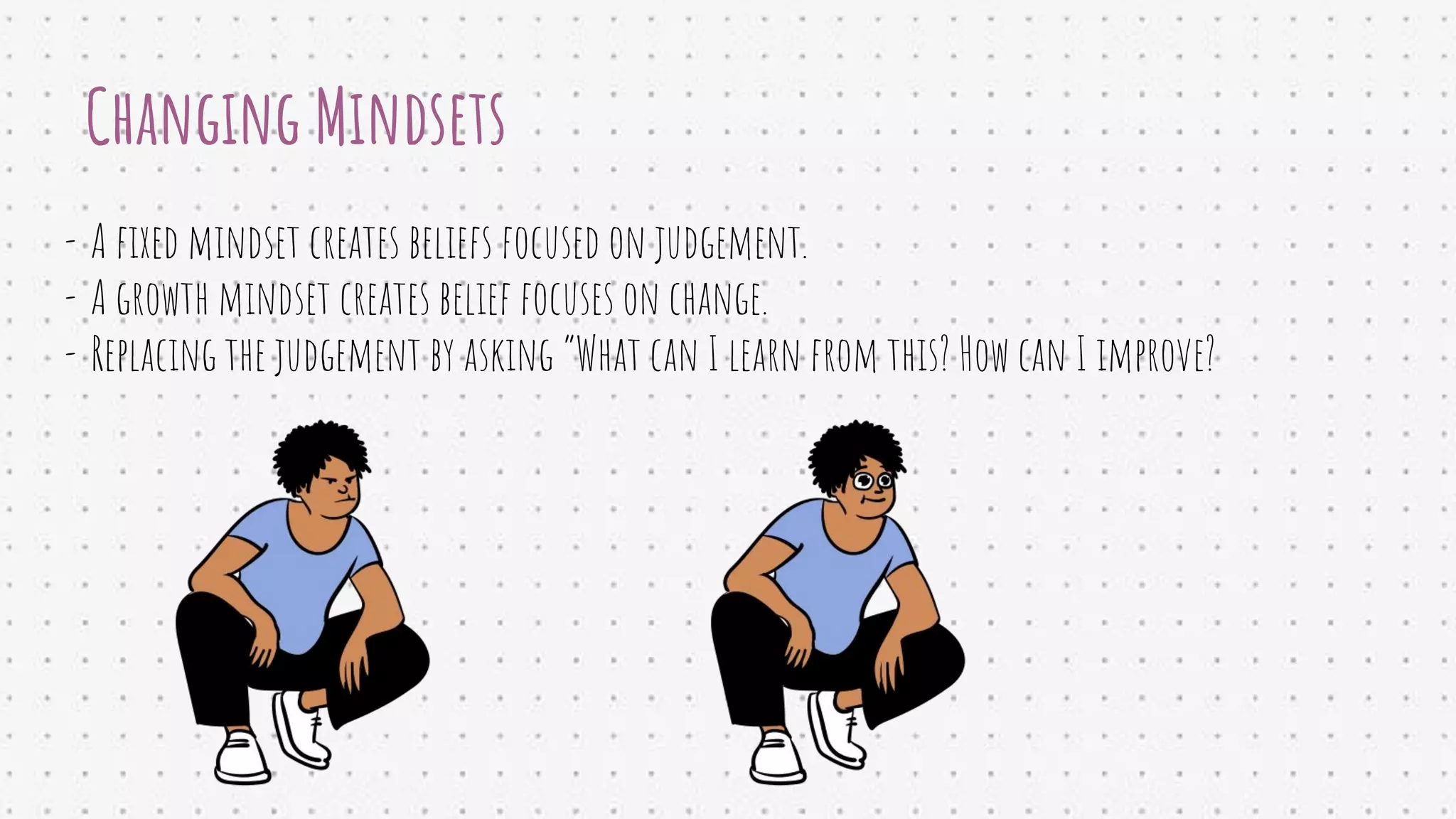 Changing Mindsets
- A ﬁxed mindset creates beliefs focused on judgement.
- A growth mindset creates belief focuses on change.
- Replacing the judgement by asking “What can I learn from this? How can I improve?
 