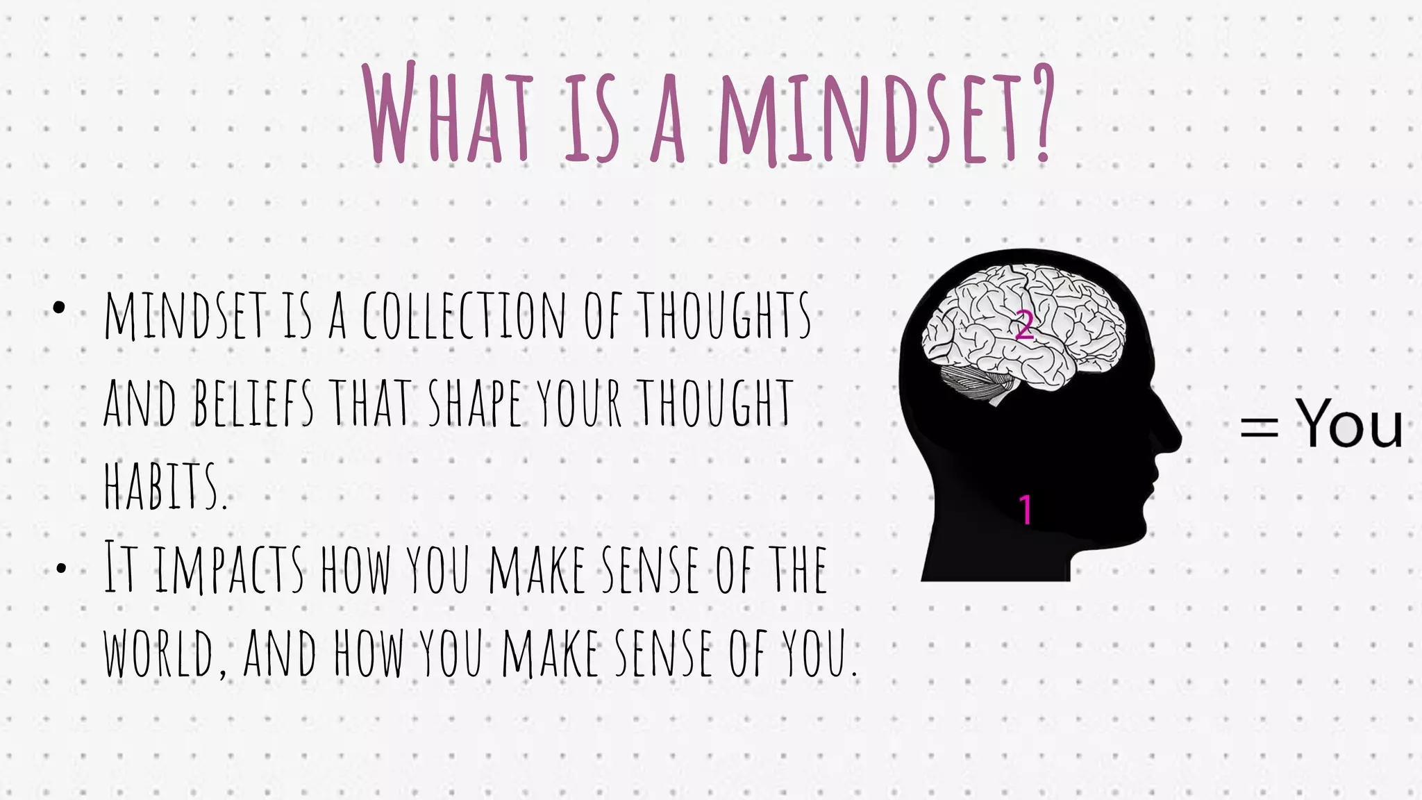 What is a mindset?
• mindset is a collection of thoughts
and beliefs that shape your thought
habits.
• It impacts how you make sense of the
world, and how you make sense of you.
 