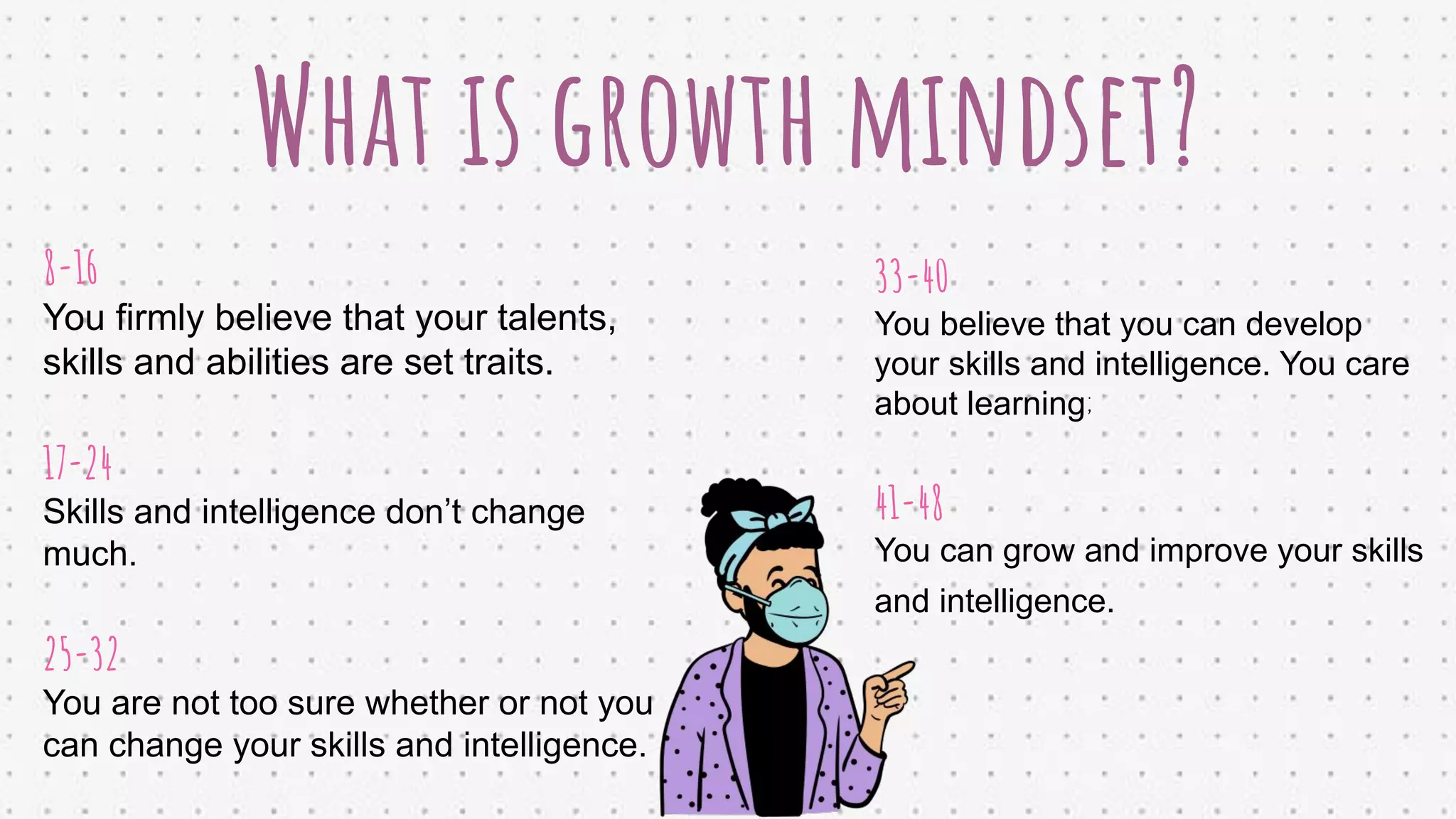 What is growth mindset?
8-16
You firmly believe that your talents,
skills and abilities are set traits.
17-24
Skills and intelligence don’t change
much.
25-32
You are not too sure whether or not you
can change your skills and intelligence.
33-40
You believe that you can develop
your skills and intelligence. You care
about learning;
41-48
You can grow and improve your skills
and intelligence.
 