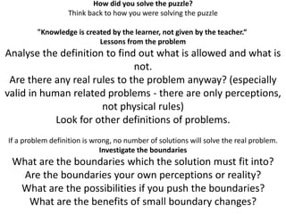 How did you solve the puzzle?
Think back to how you were solving the puzzle
"Knowledge is created by the learner, not given by the teacher.“
Lessons from the problem
Analyse the definition to find out what is allowed and what is
not.
Are there any real rules to the problem anyway? (especially
valid in human related problems - there are only perceptions,
not physical rules)
Look for other definitions of problems.
If a problem definition is wrong, no number of solutions will solve the real problem.
Investigate the boundaries
What are the boundaries which the solution must fit into?
Are the boundaries your own perceptions or reality?
What are the possibilities if you push the boundaries?
What are the benefits of small boundary changes?
 