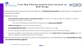 Mindset entered into a partnership with the R&D arm of Otsuka Pharmaceutical, a global leader in bringing CNS
medications ...