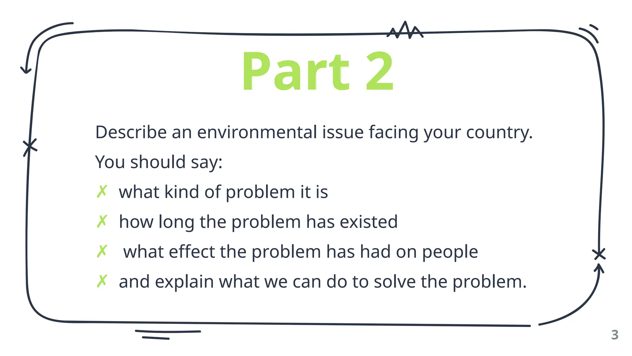 Describe an environmental issue facing your country.
You should say:
✗ what kind of problem it is
✗ how long the problem has existed
✗ what effect the problem has had on people
✗ and explain what we can do to solve the problem.
3
Part 2
 