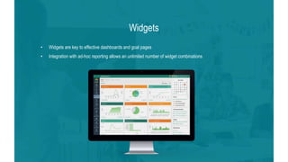 • Widgets are key to effective dashboards and goal pages
• Integration with ad-hoc reporting allows an unlimited number of widget combinations
Widgets
 