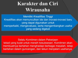 Selalu Komitmen dalam Pekerjaan
tekad yang bulat untuk meraih kesuksesan. Komitmen akan
membuatnya bertahan menghadapi berbagai masalah, tetap
bertahan dalam guncangan, dan tekun menjalani usahanya.
Memiliki Kreatifitas Tinggi
Kreatifitas akan memunculkan ide dan inovasi-inovasi baru
yang dapat digunakan untuk
memperbaiki, mengevaluasi, serta mengembangkan usaha
yang sedang digeluti
Karakter dan Ciri
Wirausaha
 