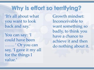 ‘It’s all about what     Growth mindset:
you want to look         Inconceivable to
back and say.’           want something so
                         badly, to think you
You can say: ‘I          have a chance to
could have been          achieve it and then
……. ‘ Or you can         do nothing about it.
say, ‘I gave it my all
for the things I
value.’
 