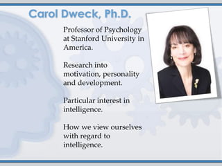 Professor of Psychology
at Stanford University in
America.

Research into
motivation, personality
and development.

Particular interest in
intelligence.

How we view ourselves
with regard to
intelligence.
 
