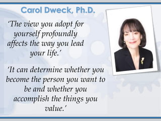 ‘The view you adopt for
  yourself profoundly
affects the way you lead
        your life.’

‘It can determine whether you
become the person you want to
      be and whether you
   accomplish the things you
             value.’
 