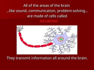 All of the areas of the brain
All of the areas of the brain
…
…like sound, communication, problem-solving…
like sound, communication, problem-solving…
are made of cells called
are made of cells called
NEURONS
NEURONS
They transmit information all around the brain.
They transmit information all around the brain.
 