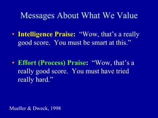 Messages About What We Value
• Intelligence Praise: “Wow, that’s a really
good score. You must be smart at this.”
• Effort (Process) Praise: “Wow, that’s a
really good score. You must have tried
really hard.”
Mueller & Dweck, 1998
 