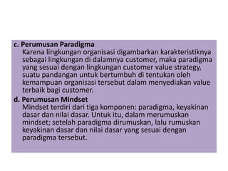 c. Perumusan Paradigma
Karena lingkungan organisasi digambarkan karakteristiknya
sebagai lingkungan di dalamnya customer, maka paradigma
yang sesuai dengan lingkungan customer value strategy,
suatu pandangan untuk bertumbuh di tentukan oleh
kemampuan organisasi tersebut dalam menyediakan value
terbaik bagi customer.
d. Perumusan Mindset
Mindset terdiri dari tiga komponen: paradigma, keyakinan
dasar dan nilai dasar. Untuk itu, dalam merumuskan
mindset; setelah paradigma dirumuskan, lalu rumuskan
keyakinan dasar dan nilai dasar yang sesuai dengan
paradigma tersebut.
 
