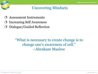 www.mrg.comManagement Research Group®
Insight  Evidence  Inspiration
 Assessment Instruments
 Increasing Self Awareness
 Dialogue/Guided Reflection
Uncovering Mindsets
“What is necessary to create change is to
change one’s awareness of self.”
~Abraham Maslow
 