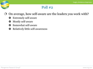 www.mrg.comManagement Research Group®
Insight  Evidence  Inspiration
 On average, how self-aware are the leaders you work with?
 Extremely self-aware
 Mostly self-aware
 Somewhat self-aware
 Relatively little self-awareness
Poll #2
 