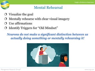 www.mrg.comManagement Research Group®
Insight  Evidence  Inspiration
 Visualize the goal
 Mentally rehearse with clear visual imagery
 Use affirmations
 Identify Triggers for “Old Mindset”
Neurons do not make a significant distinction between us
actually doing something or mentally rehearsing it!
Mental Rehearsal
 